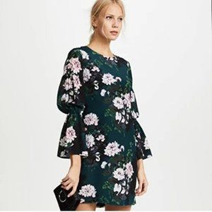 COPY - Club Monaco Teal Green Silk Dress with Blush Floral Pattern & Bell Sleev…